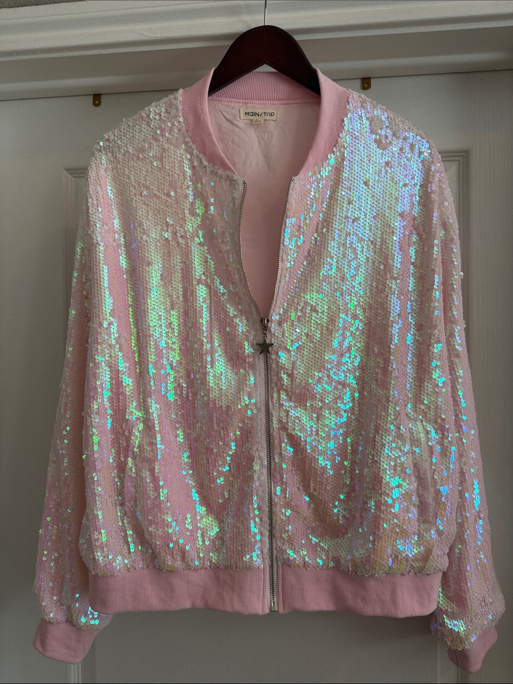 Main Strip Pink Iridescent Sequin Bomber Jacket with Star Pull